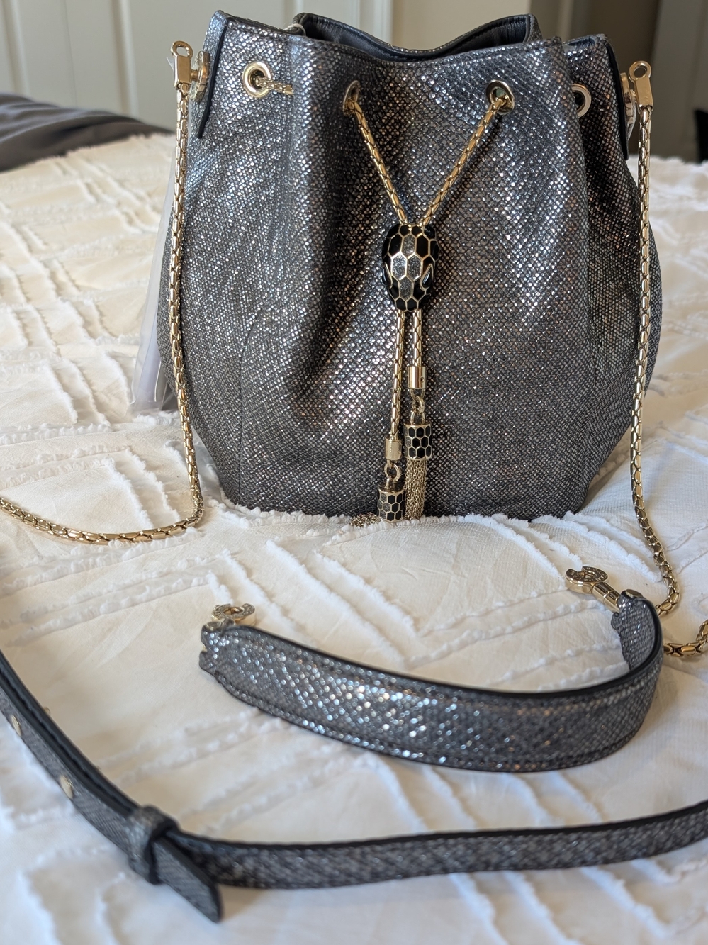 Silver Bucket Drawstring Bag Gold Chain Strap Tassel Accent Designer